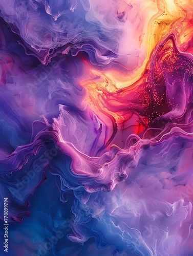 Marbled ink swirls, closeup, vibrant colors, fluid dynamics for artistic background , 3D render