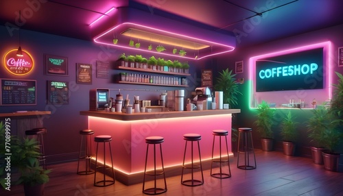 A photorealistic interior 3d render of coffeeshop in cozy neon style with a bar, tv on the walls, glass grow box with cannabis plant inside, vray, arnold photo