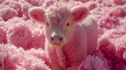   A tight shot of a baby cow among pink peony blooms in a peony field