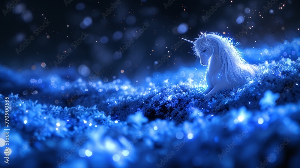   A white unicorn sits in a blue grass field, surrounded by snowflakes
