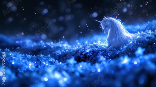   A white unicorn sits in a blue grass field, surrounded by snowflakes photo