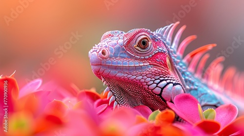   A tight shot of an iguana among pink and red blooms  softly blurred backdrop