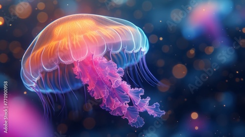   A tight shot of a jellyfish against a backdrop of blue and pink Background features softly focused lights © Wall