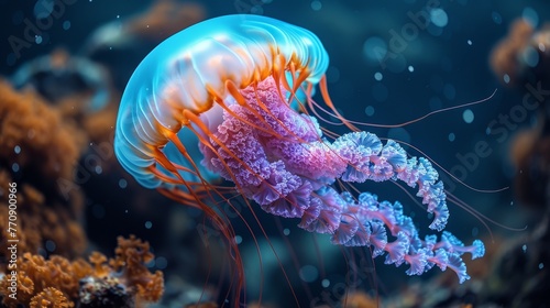  A tight shot of a jellyfish hovering above water, surrounded by vibrant corals and lush algae in the backdrop