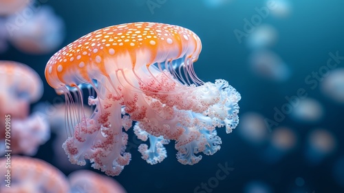   A tight shot of a jellyfish hovering above water  its back dotted with blue bubbles against a tranquil blue backdrop