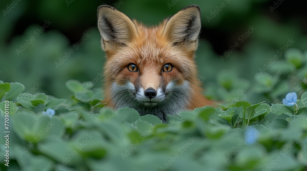 Fototapeta premium A tight shot of a fox's face amidst a sea of green foliage Background softly blurred