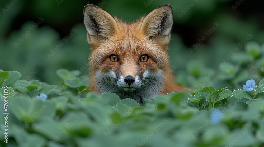   A tight shot of a fox's face amidst a sea of green foliage Background softly blurred