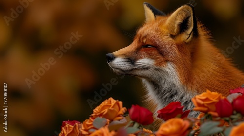   A tight shot of a red fox amidst flowers in the foreground Behind  an array of leaves and blossoms