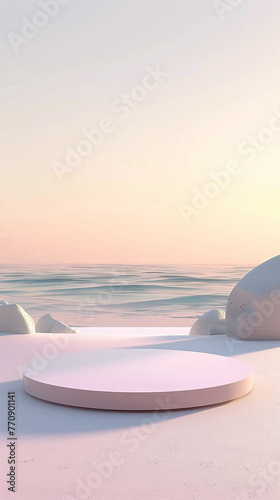 A white platform for displaying products with a background of a beach with bright blue water. Ai generate.