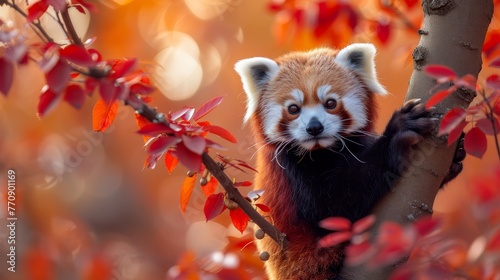  A red panda atop a red-leafed tree, surrounded by numerous red leaves