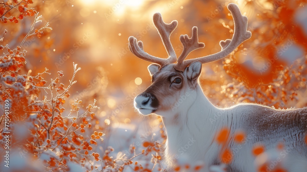A deer, its antlers adorned, gazes intently from a sea of red blooms in the field A deer, its antlers adorned, gazes intently from a sea of red blooms in the field
