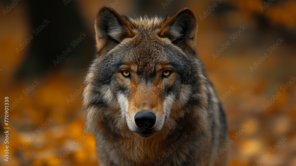   A tight shot of a wolf's intense face, yellow autumn leaves in the near proximity, and an indistinct backdrop