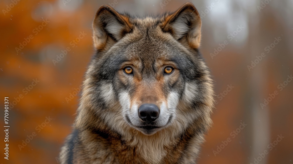   A tight shot of a wolf's expressive face against a hazy backdrop of trees