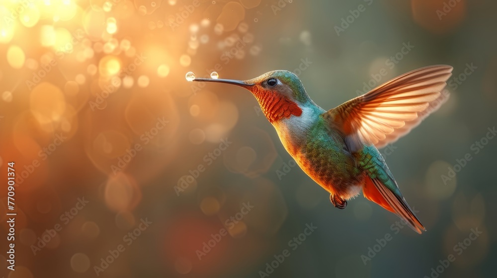Fototapeta premium A hummingbird flies through the air, wings fully extended, carrying a single droplet on its beak
