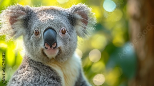  A koala up-close on a tree against blurred leaves backdrop and nearby tree in soft focus