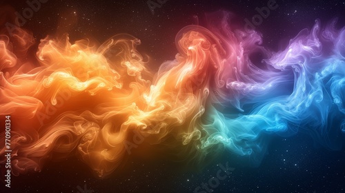  A collection of vibrant smoke swirls against a dark backdrop; behind lies a starlit night sky