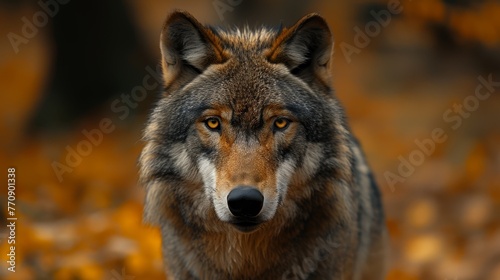  A tight shot of a wolf's intense face, yellow autumn leaves in the near proximity, and an indistinct backdrop
