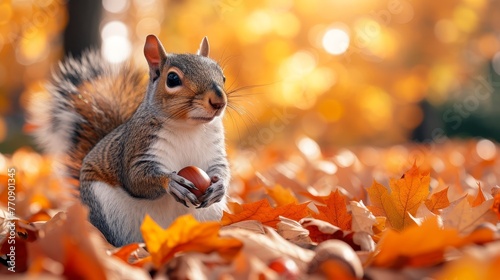   A squirrel consumes an acorn atop a mound of leaves in the sun-lit park, trees transmitting sunlight