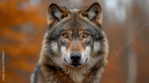   A tight shot of a wolf s expressive face against a hazy backdrop of trees