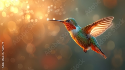  A hummingbird flies through the air, wings fully extended, carrying a single droplet on its beak
