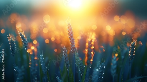 A crisp image of a lush grass field under a sunny backdrop with water droplets gently glistening on the blades