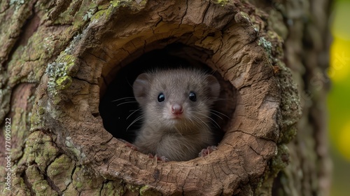   A small rodent emerges from a tree hollow, peering out of a bark opening