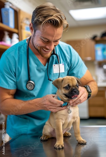 A photo of a handsome male doctor wearing blue scrubs, standing over a puppy dog on a table in a medical office with a stethoscope around his neck and holding the small cute brown pug by its front leg