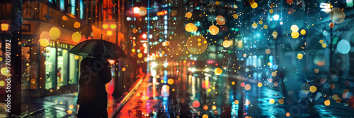 Person with umbrella under city lights - A silhouette of a person with an umbrella stands amidst vibrant city lights reflecting on wet surface