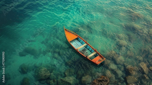 Single orange boat on transparent water - Top down view of an orange kayak on crystal clear sea water over a rocky sea bed in bright sunlight © Mickey