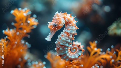   A tight shot of a seahorse near corals with foreground corals and seaweed