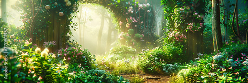 Sunlight Filtering Through the Trees in a Dense Forest, Creating a Mystical and Tranquil Nature Scene