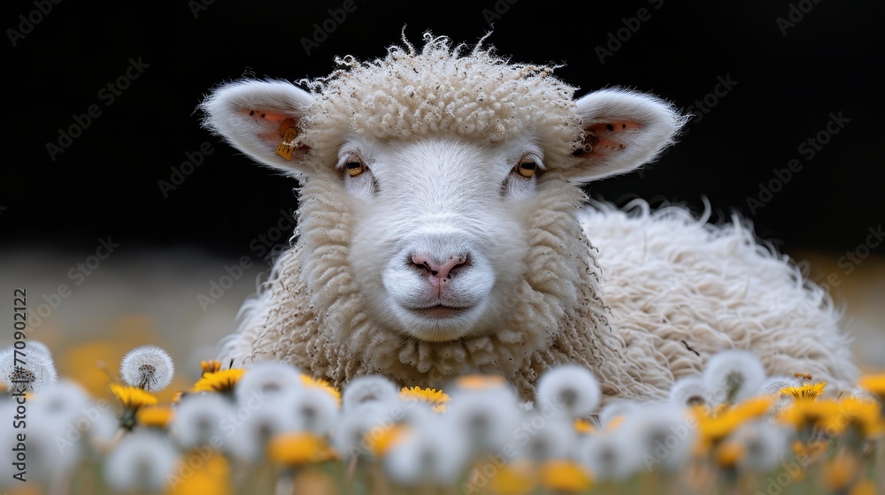   A tight shot of a sheep reclining in a flower-filled meadow, with dandelions prominent in the foreground against a backdrop of darkness