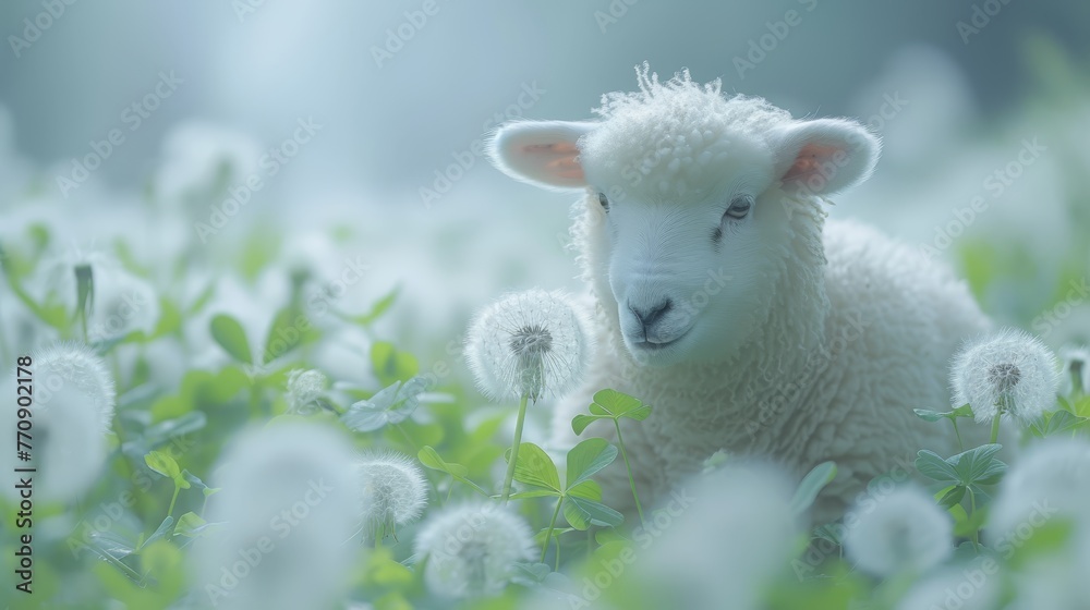 A tight shot of a sheep in a dandelion-filled field, surrounded by soft out-of-focus clouds in the backdrop A tight shot of a sheep in a dandelion-filled field, surrounded by soft out-of-focus clouds in the backdrop