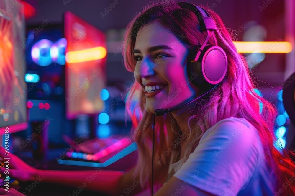 A cheerful female gamer with headphones enjoys playing on a computer in a vibrant, neon-lit room