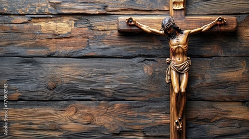   A crucifix on a wooden wall, flanked by wood planks bearing another crucifix photo