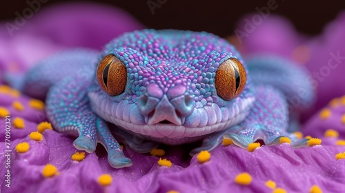   A tight shot of a blue-and-yellow lizard near a purple blossom, decorated with yellow circular marks surrounding its eyes © Wall