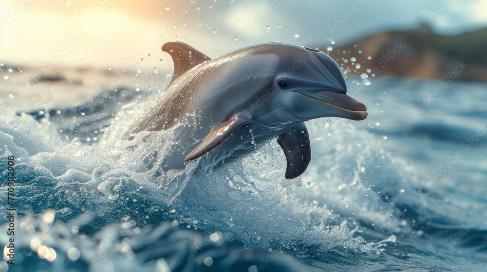 Obraz premium A dolphin leaps from the water, mouth agape, head exposed