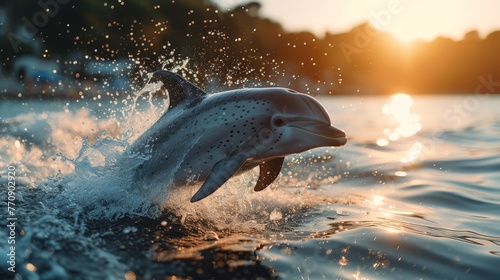  A dolphin leaps from the water, mouth agape, head clearing the surface