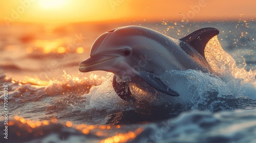  A dolphin leaps from the water against a sunset backdrop