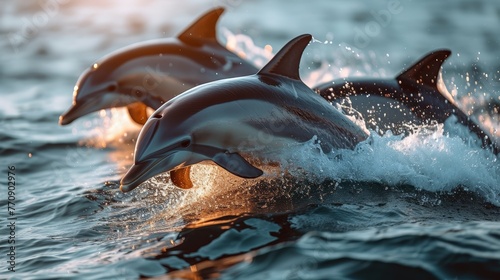   Two dolphins leap from water's edge, heads clear, sun backdrops © Wall