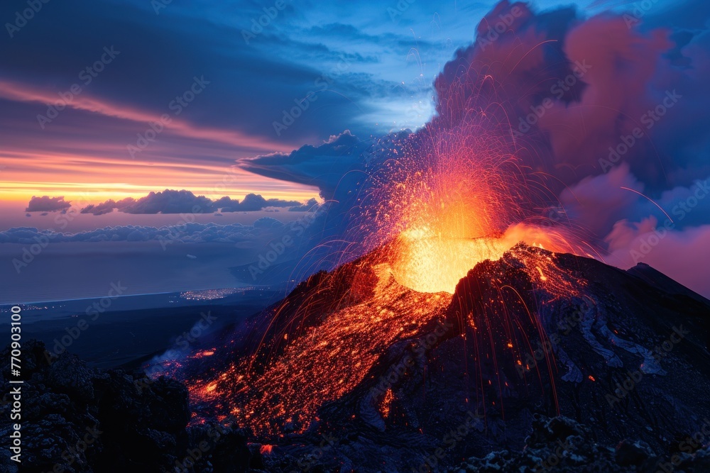 A dramatic eruption of a volcano at twilight, casting a fiery glow
