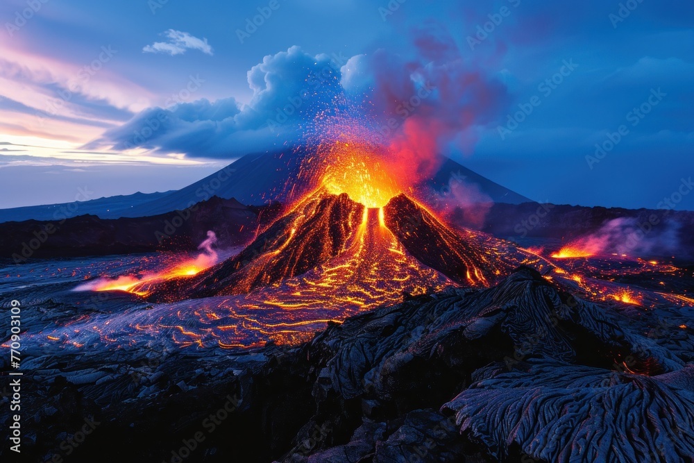 A dramatic eruption of a volcano at twilight, casting a fiery glow