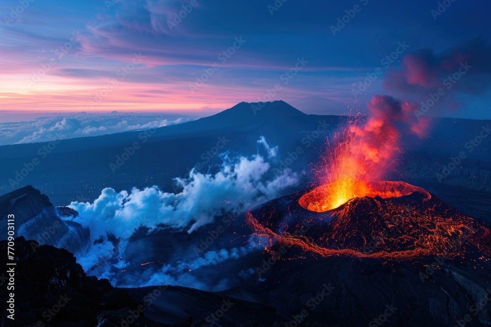 A dramatic eruption of a volcano at twilight, casting a fiery glow