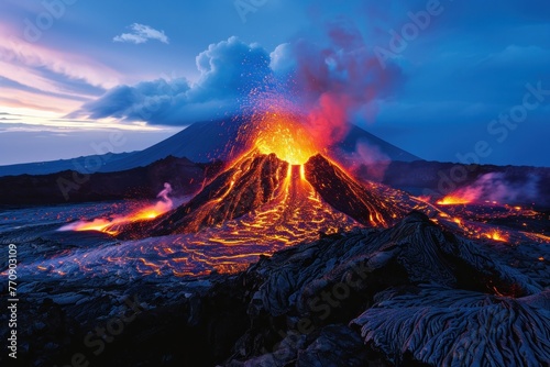 A dramatic eruption of a volcano at twilight, casting a fiery glow © Igor