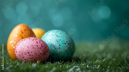   A vibrant cluster of Easter eggs atop a lush green field beneath a cerulean sky