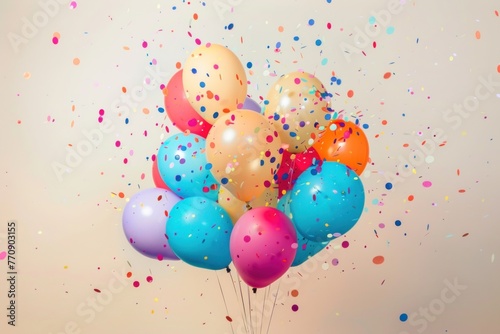 A dynamic explosion of colorful balloons and confetti on a light background