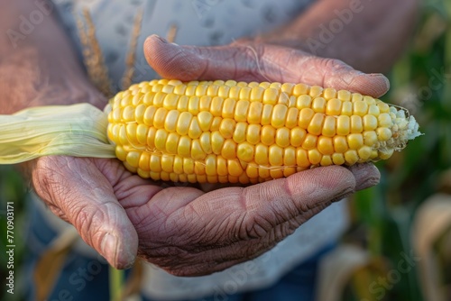 A farmer holds a ripe ear of corn, farming concept