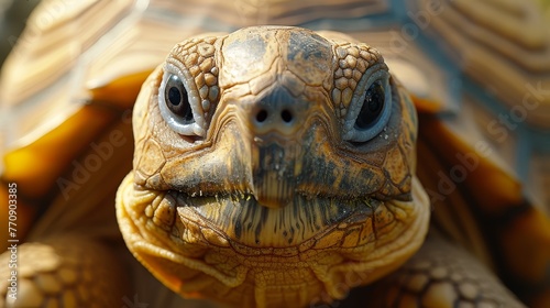   A tight shot of a turtle's face with its eyes fully opened and head tilted slightly © Wall