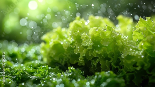   A tight shot of lush, emerald lettuce leaves dripping with water droplets