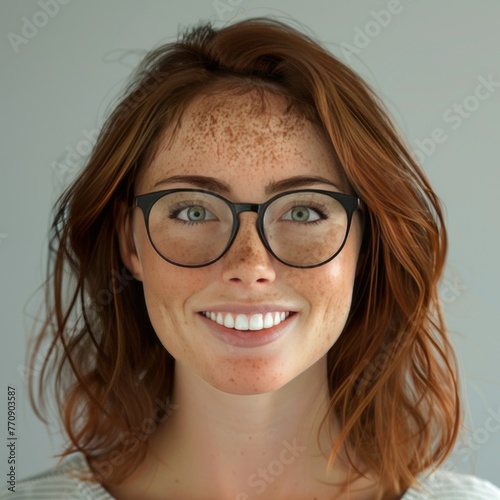 22 year old female medical student with shoulder length straight dark brown hair, a few freckles on nose, black square frame glasses, big nose, big smile